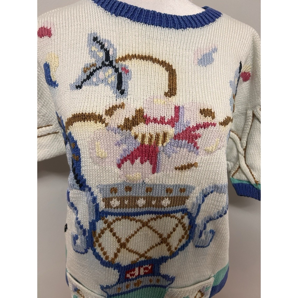 Vintage Berek Hand Knit Butterfly Floral Basket Sweater Pima Cotton Uruguay